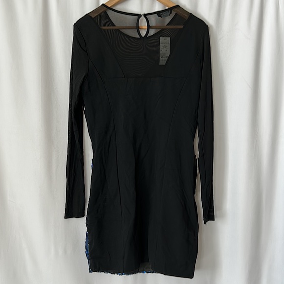 Bebe NWT Sexy Black/Blue Sequins Mesh Long Sleeve Dress **Size L**🔥🔥 - Picture 2 of 4